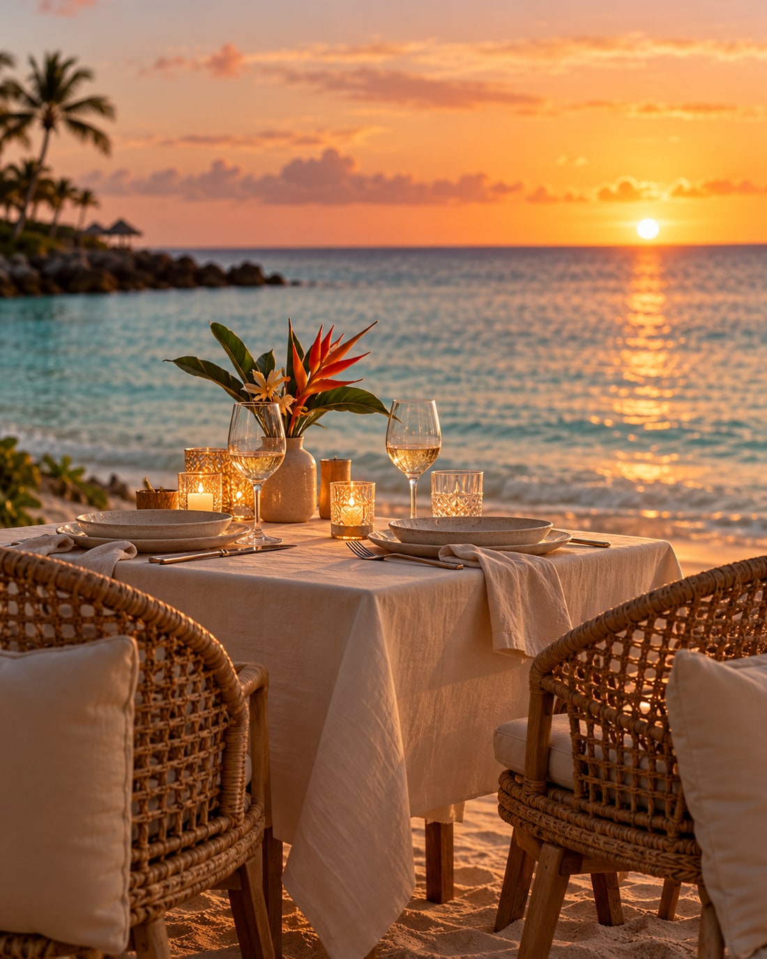 An intimate dinner table beside the sea at sunset
