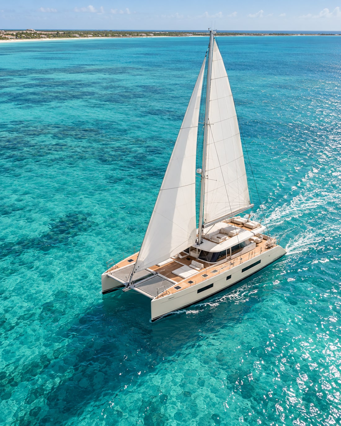 An ivory catamaran on clear turquoise water